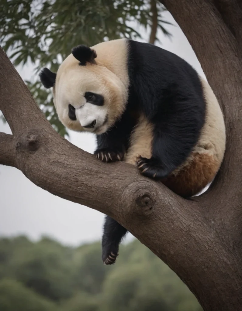 El oso panda subido a un árbol