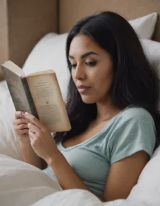 joven mujer leyendo libro en cama