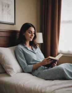 mujer acostada leyendo un libro en cama blanca