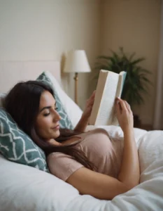 mujer leyendo un libro en su cama