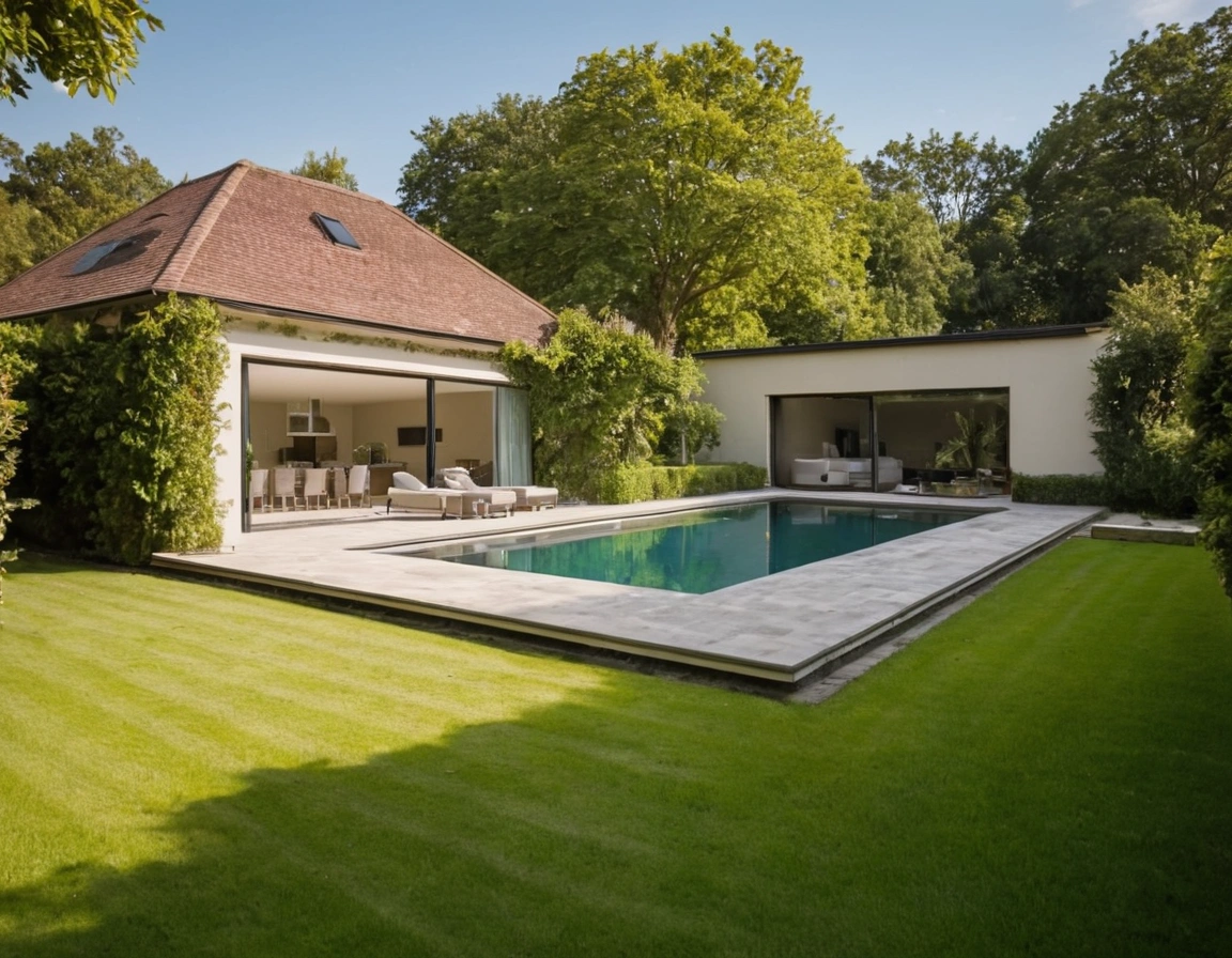 Una piscina grande con una cubierta retráctil de color azul claro, parcialmente abierta. Se observan detalles de la estructura de la cubierta y su mecanismo de deslizamiento, resaltando la importancia de la durabilidad y la facilidad de uso al seleccionar cubiertas para piscinas.