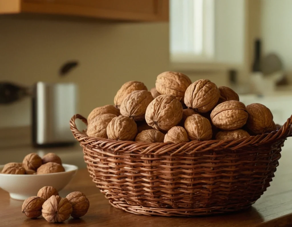 cesta llenas de nueces en la mesa de una cocina