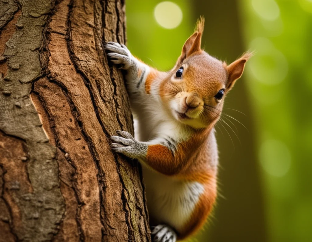 Imagen de una ardilla que está subiendo por el tronco de un árbol