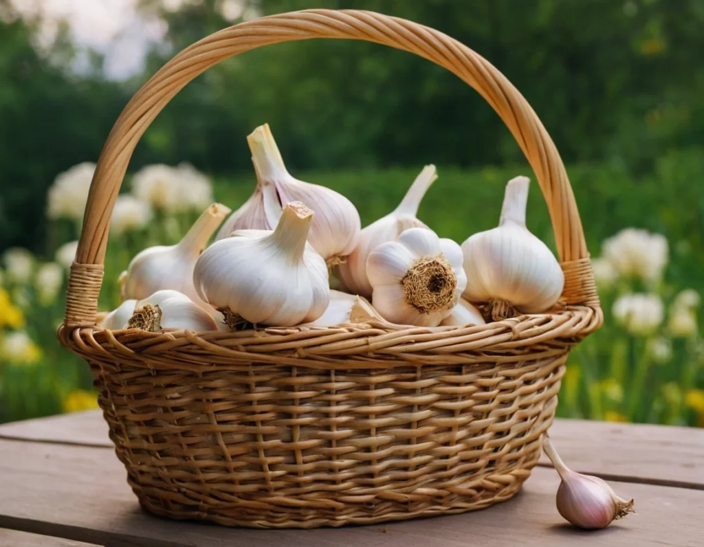 Ajos en una cesta de mimbre que está encima de una mesa de un huerto o jardín